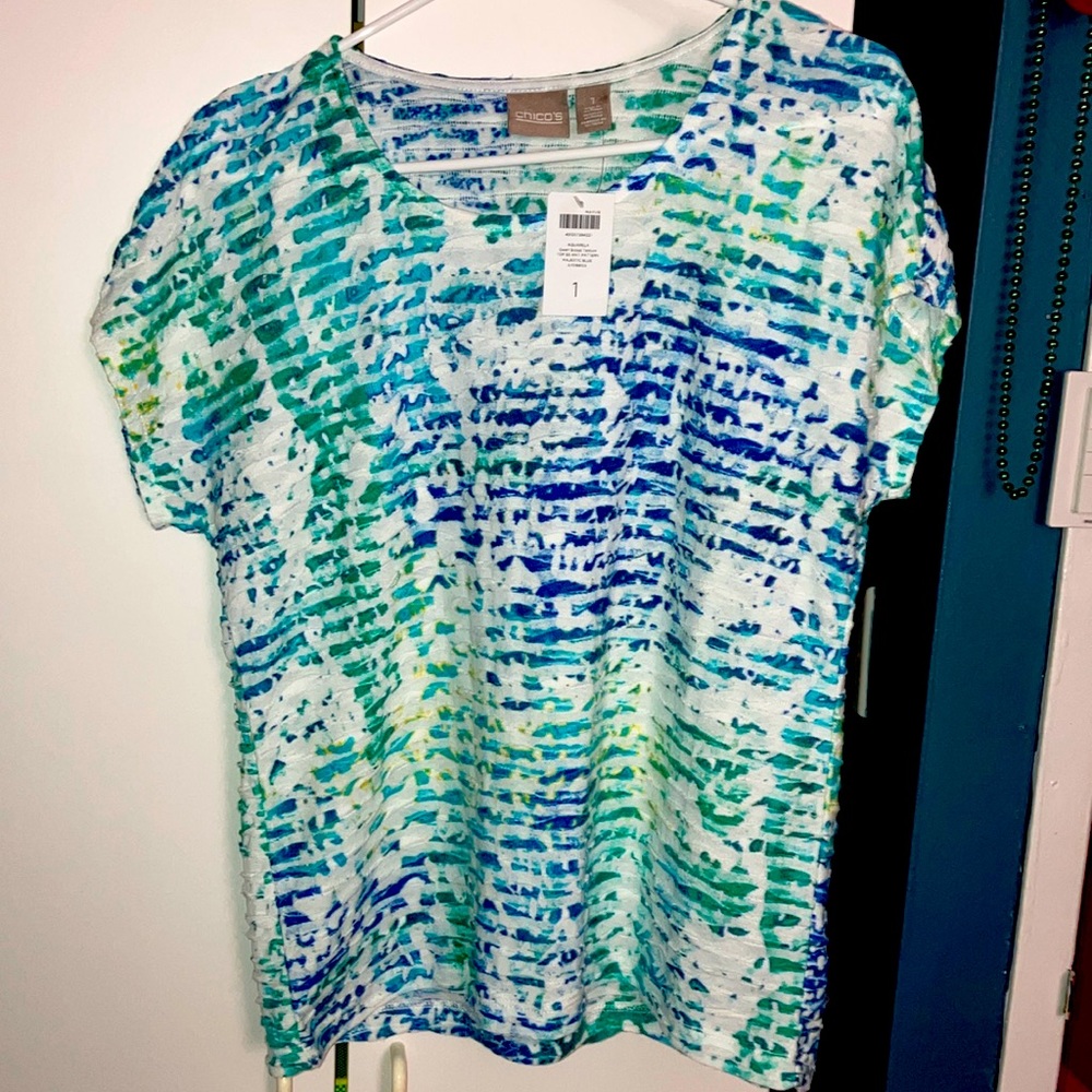 Chico) Size 1) teal and white design top stretches some.